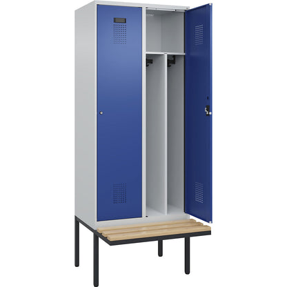 Evolo PLUS clean and dirty bench seat clothes locker, narrow, 2 compartments, shortened centre divider, light grey / gentian blue, W 800 mm, cylinder lock, with cantilevered bench seat, beech.