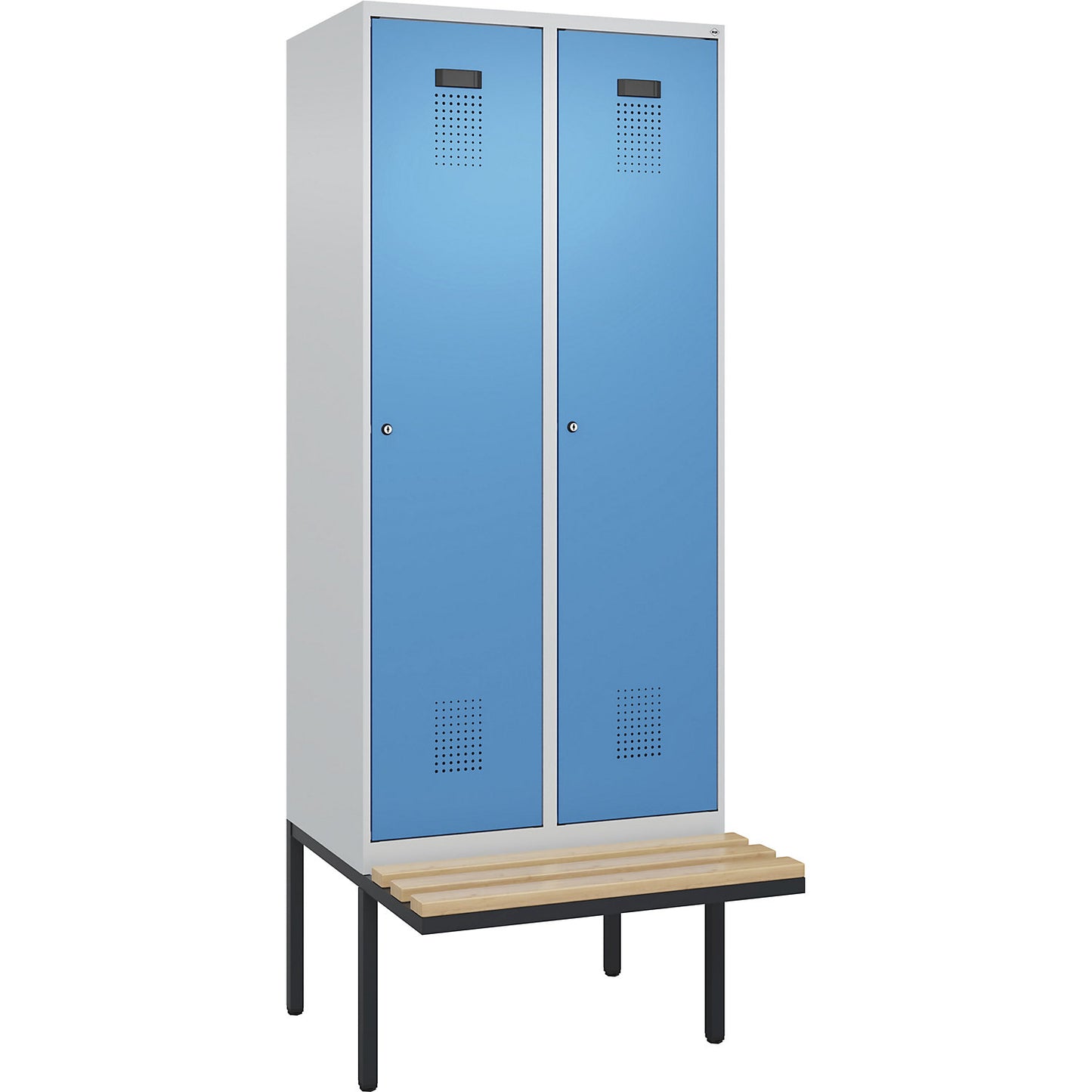 Evolo PLUS clean and dirty bench seat clothes locker, narrow, 2 compartments, shortened centre divider, light grey / light blue, W 800 mm, cylinder lock, with cantilevered bench seat, beech.