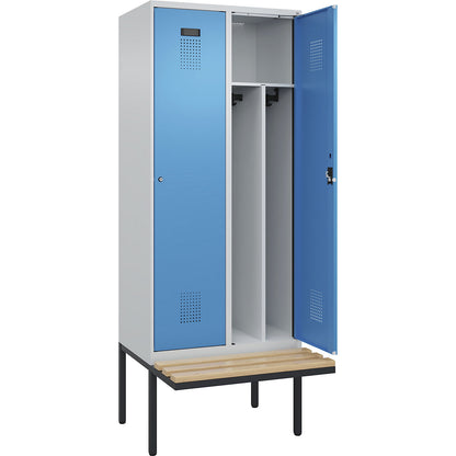 Evolo PLUS clean and dirty bench seat clothes locker, narrow, 2 compartments, shortened centre divider, light grey / light blue, W 800 mm, cylinder lock, with cantilevered bench seat, beech.