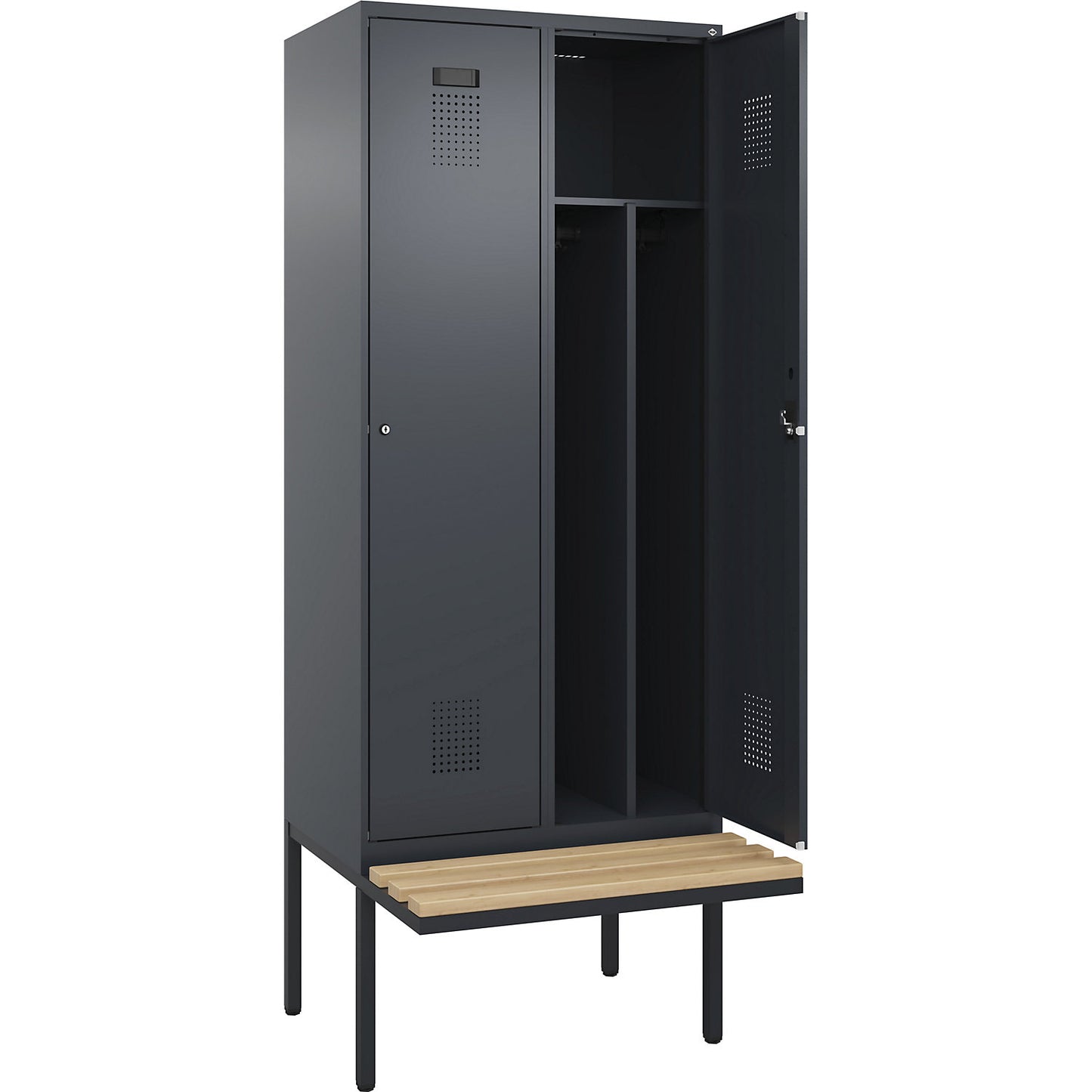 Evolo PLUS clean and dirty bench seat clothes locker, narrow, 2 compartments, shortened centre divider, grey, W 800 mm, cylinder lock, with cantilevered bench seat, beech.