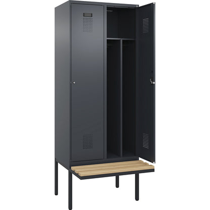 Evolo PLUS clean and dirty bench seat clothes locker, narrow, 2 compartments, shortened centre divider, grey, W 800 mm, cylinder lock, with cantilevered bench seat, beech.