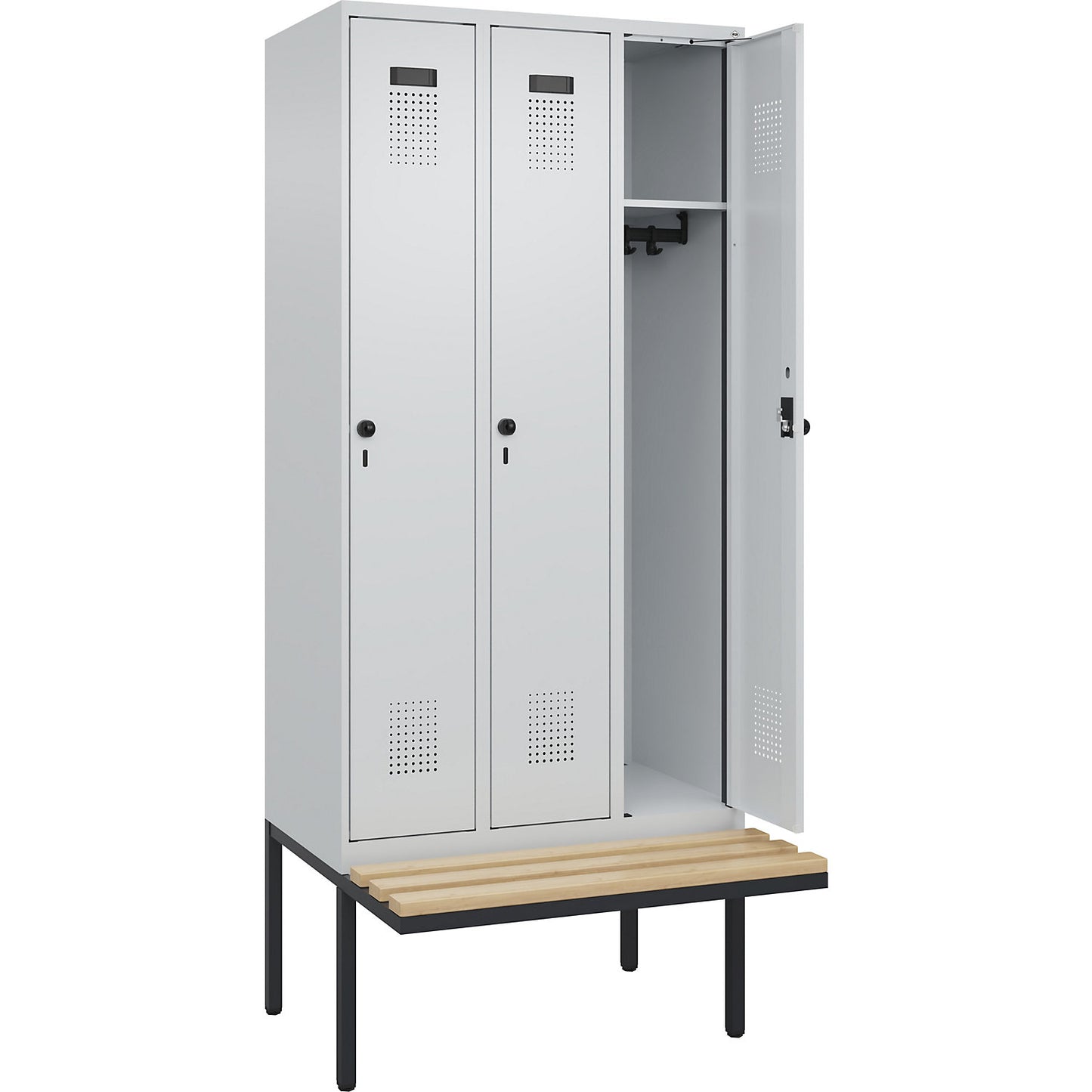 Evolo PLUS bench seat locker, 3 compartments, light grey / light grey, W 900 mm, security rotary bolt, with cantilevered bench seat, beech.