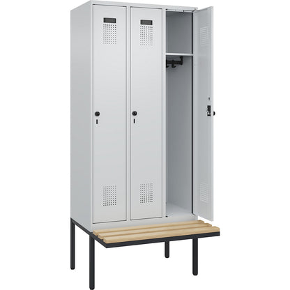 Evolo PLUS bench seat locker, 3 compartments, light grey / light grey, W 900 mm, security rotary bolt, with cantilevered bench seat, beech.