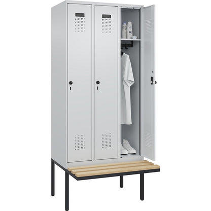 Evolo PLUS bench seat locker, 3 compartments, light grey / light grey, W 900 mm, security rotary bolt, with cantilevered bench seat, beech.