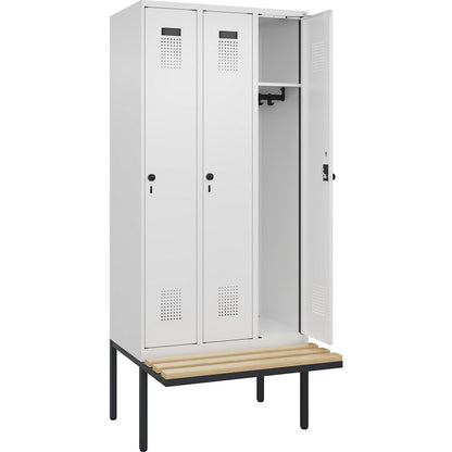 Evolo PLUS bench seat locker, 3 compartments, white, W 900 mm, security rotary bolt, with cantilevered bench seat, beech.