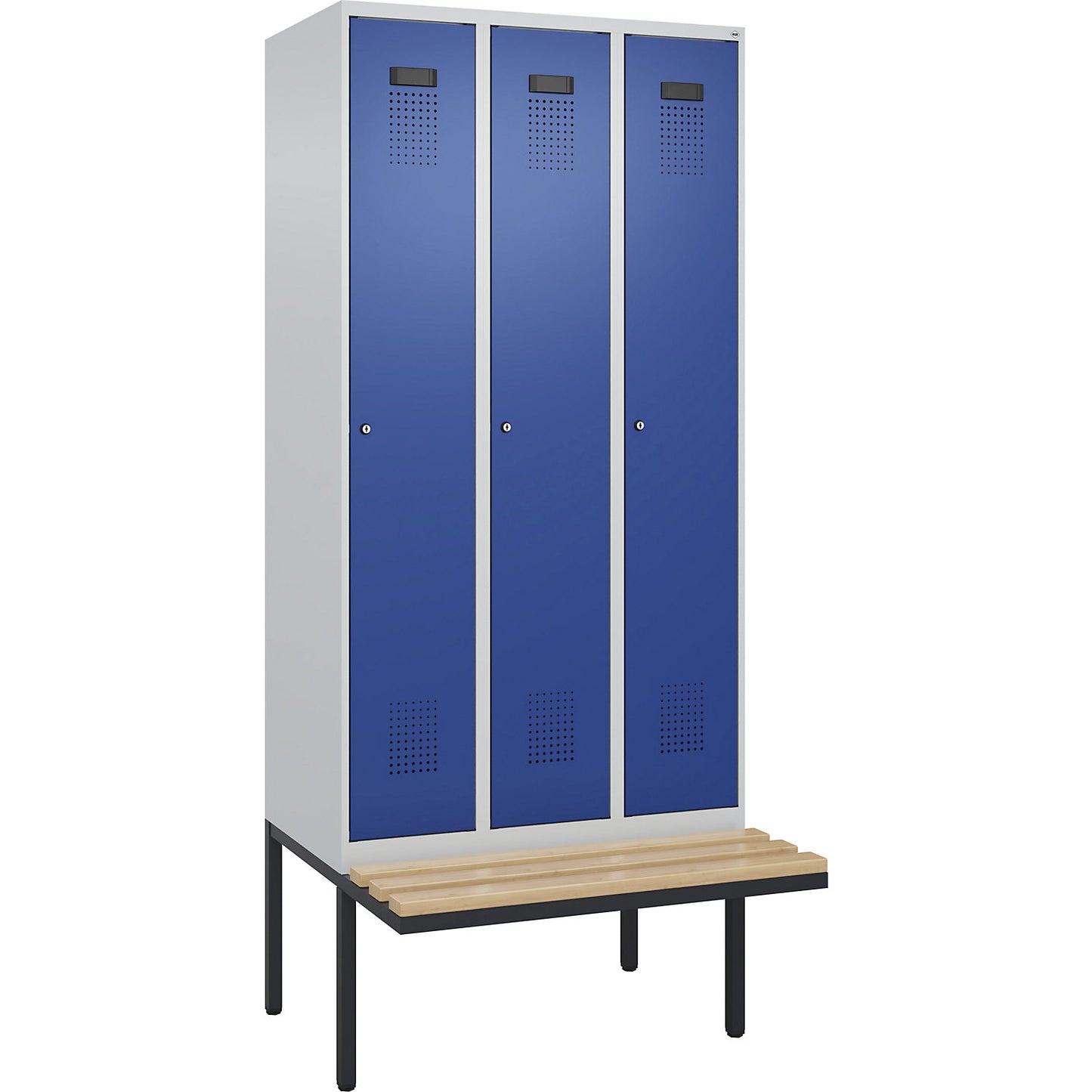 Evolo PLUS bench seat locker, 3 compartments, light grey / gentian blue, W 900 mm, cylinder lock, with cantilevered bench seat, beech.
