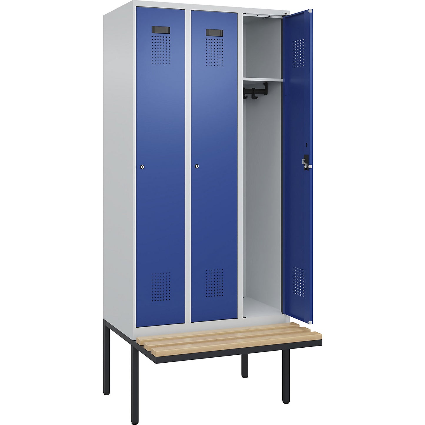 Evolo PLUS bench seat locker, 3 compartments, light grey / gentian blue, W 900 mm, cylinder lock, with cantilevered bench seat, beech.