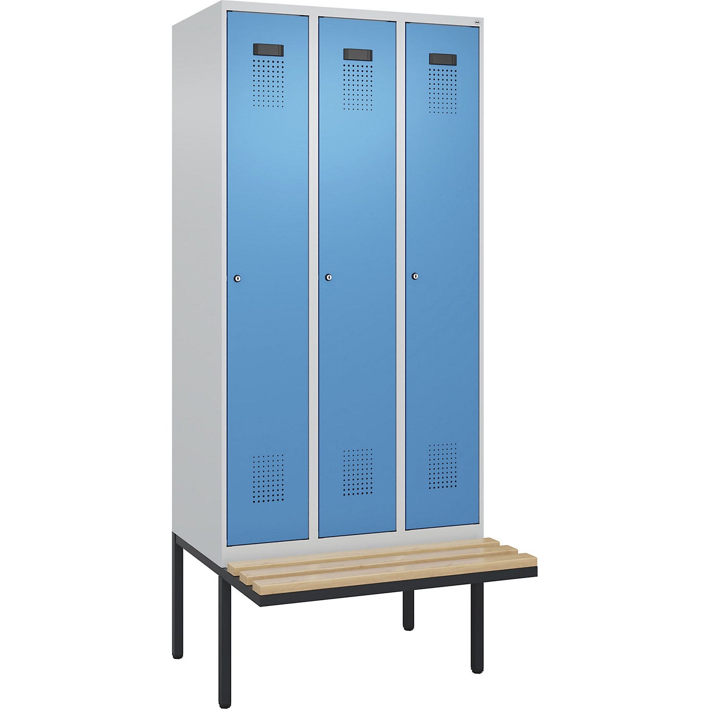 Evolo PLUS bench seat locker, 3 compartments, light grey / light blue, W 900 mm, cylinder lock, with cantilevered bench seat, beech.