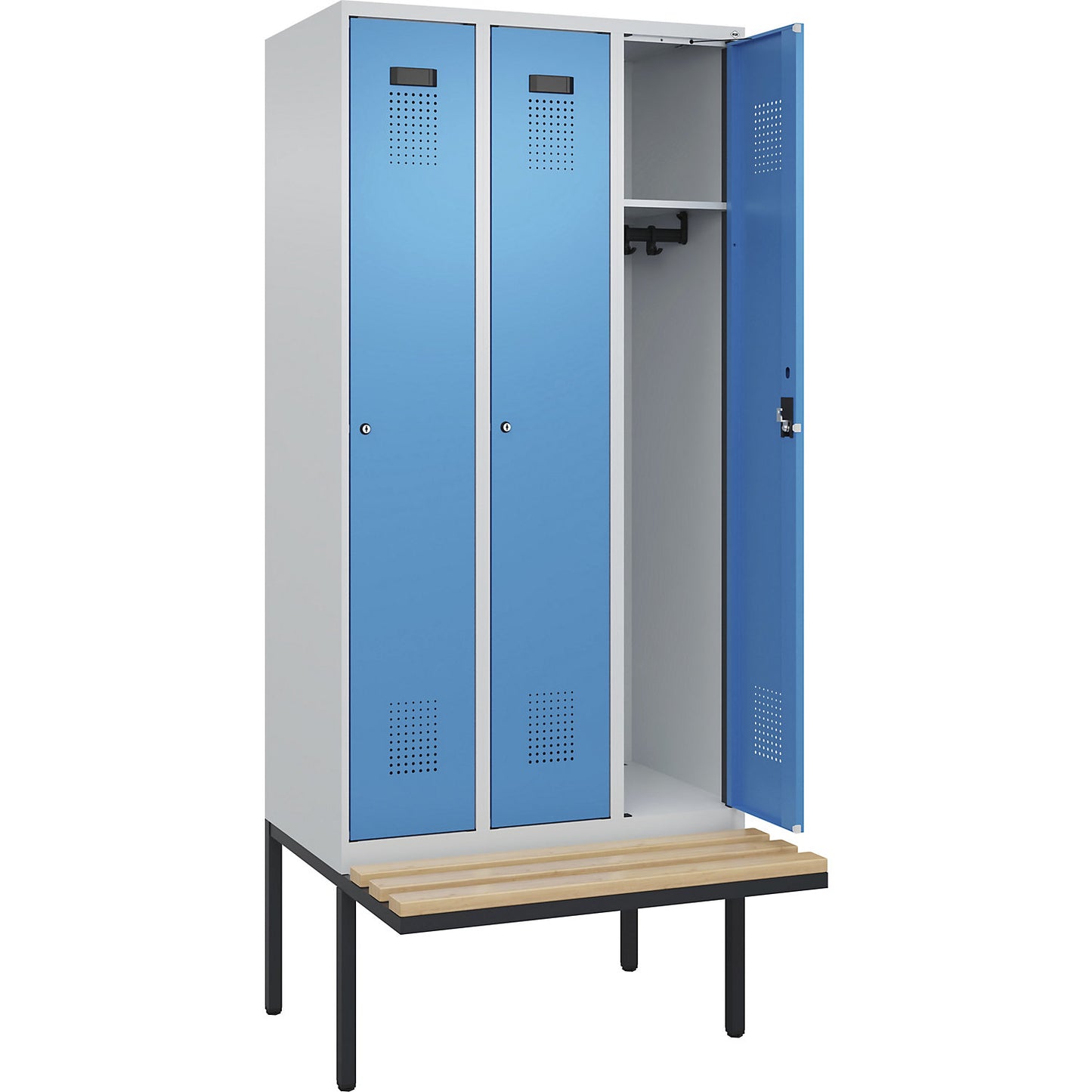 Evolo PLUS bench seat locker, 3 compartments, light grey / light blue, W 900 mm, cylinder lock, with cantilevered bench seat, beech.