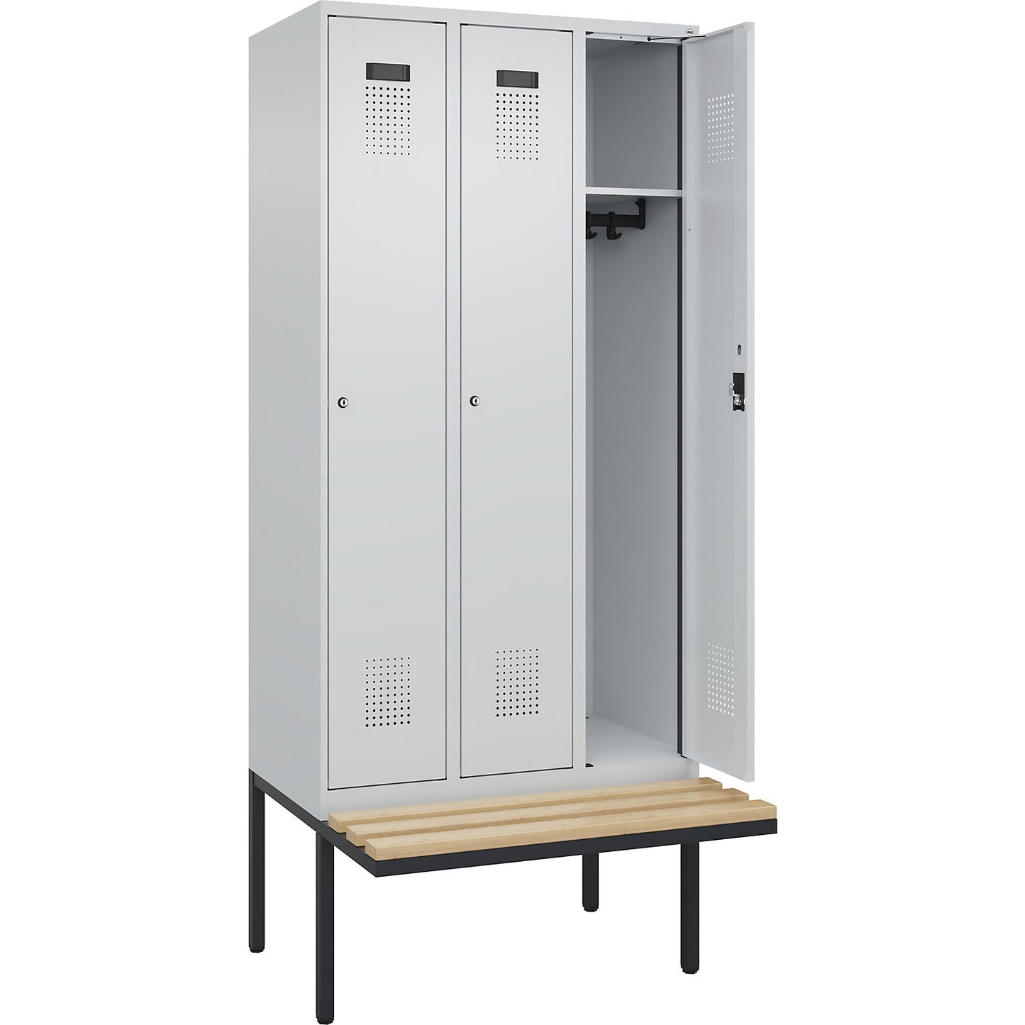 Evolo PLUS bench seat locker, 3 compartments, light grey / light grey, W 900 mm, cylinder lock, with cantilevered bench seat, beech.