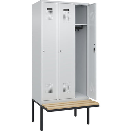 Evolo PLUS bench seat locker, 3 compartments, light grey / light grey, W 900 mm, cylinder lock, with cantilevered bench seat, beech.