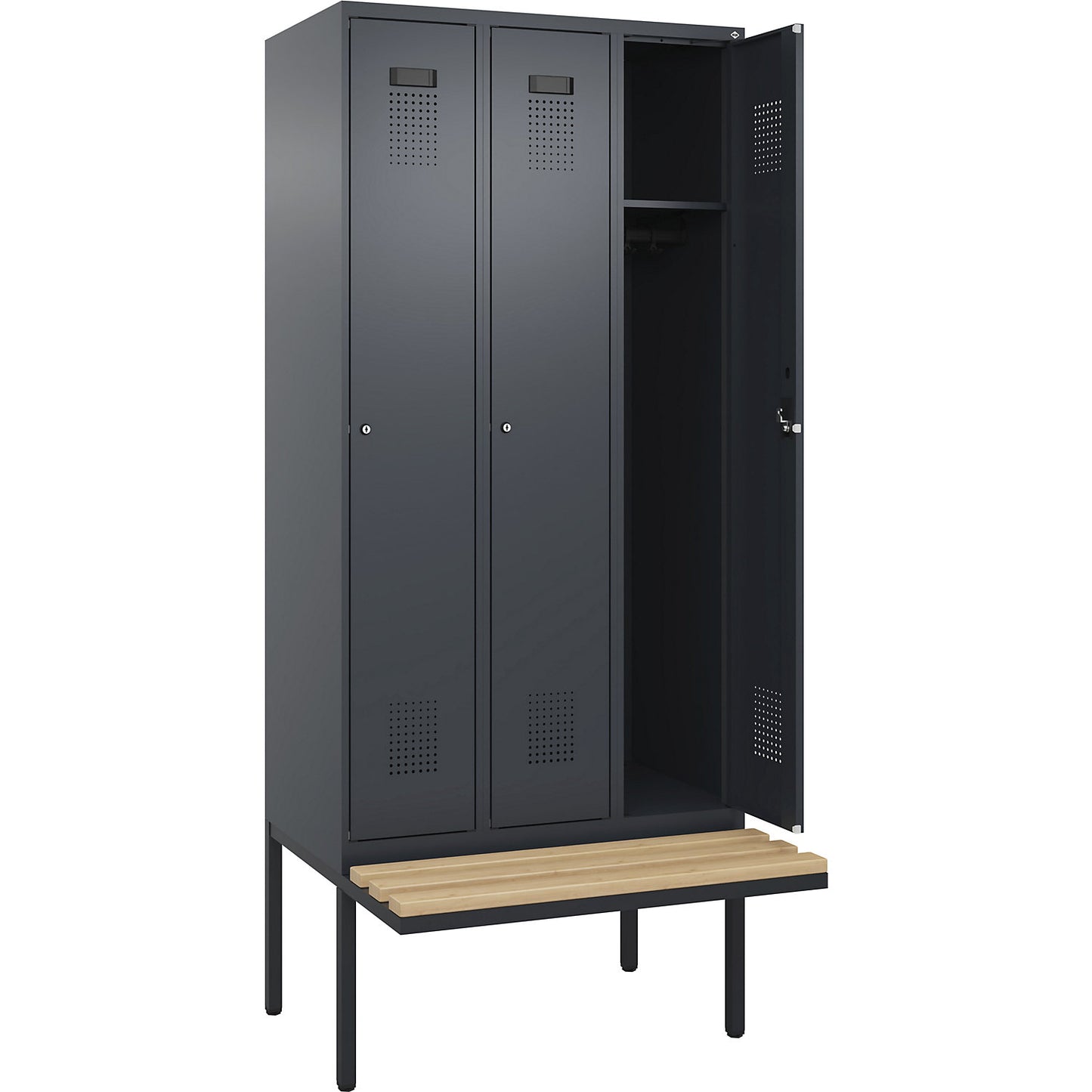 Evolo PLUS bench seat locker, 3 compartments, grey, W 900 mm, cylinder lock, with cantilevered bench seat, beech.