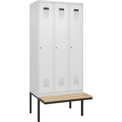 Evolo PLUS bench seat locker, 3 compartments, white, W 900 mm, cylinder lock, with cantilevered bench seat, beech.