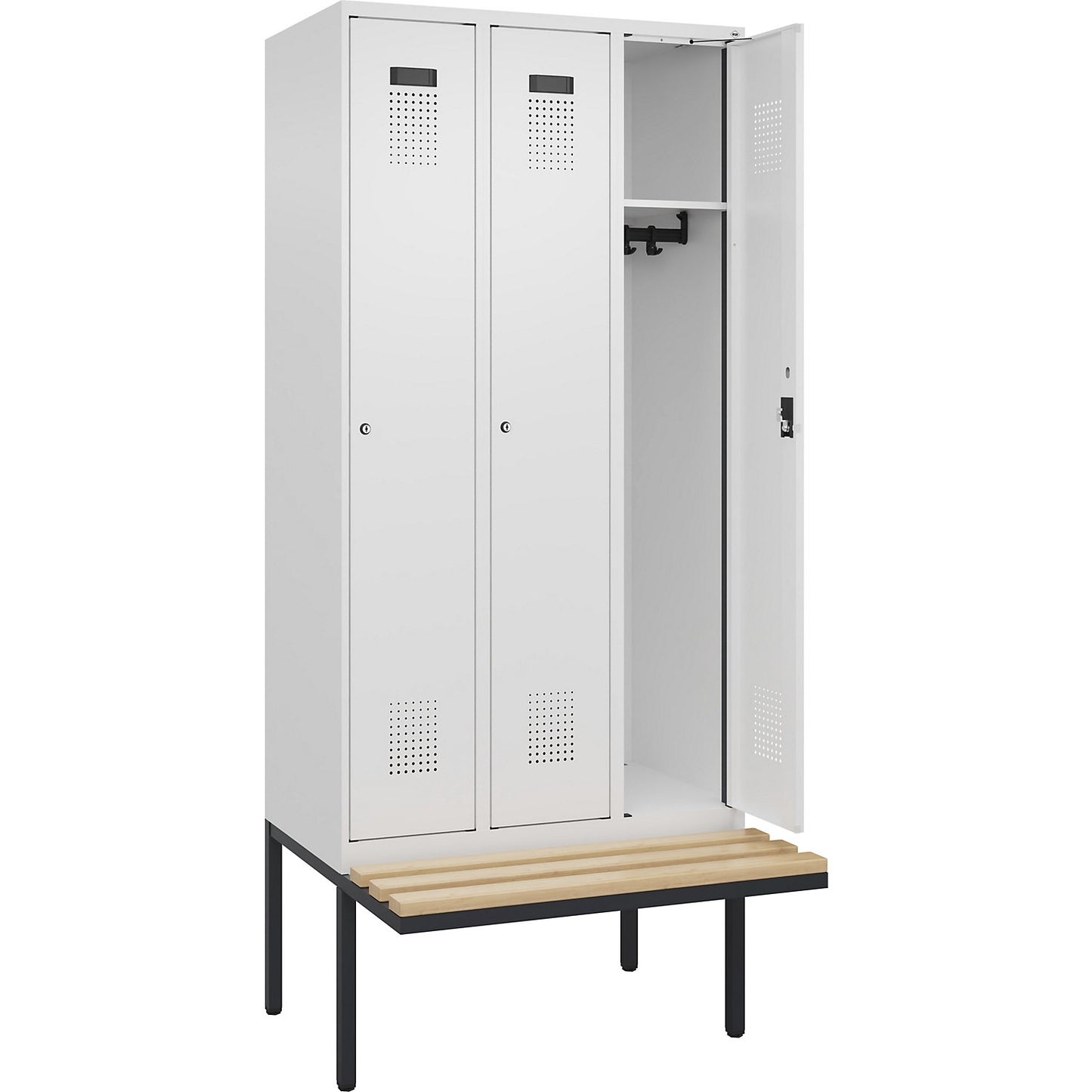 Evolo PLUS bench seat locker, 3 compartments, white, W 900 mm, cylinder lock, with cantilevered bench seat, beech.