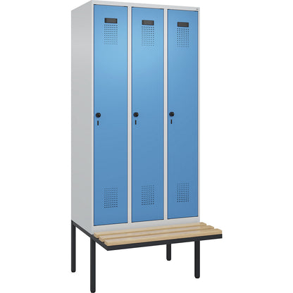 Evolo PLUS clean and dirty bench seat clothes locker, narrow, 3 compartments, shortened centre divider, light grey / light blue, W 900 mm, security rotary bolt, with cantilevered bench seat, beech.