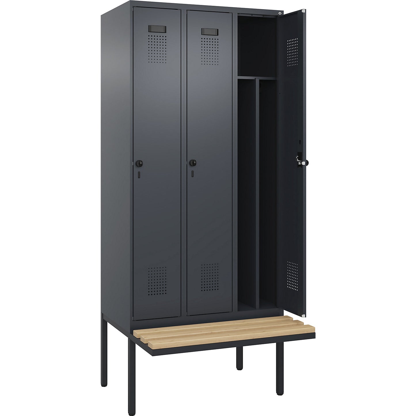 Evolo PLUS clean and dirty bench seat clothes locker, narrow, 3 compartments, shortened centre divider, grey, W 900 mm, security rotary bolt, with cantilevered bench seat, beech.