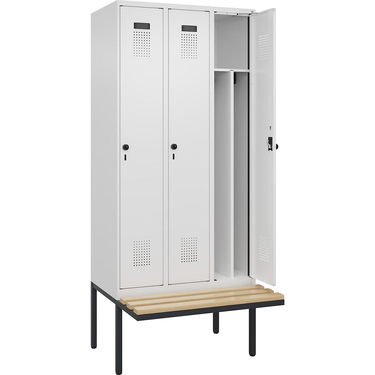 Evolo PLUS clean and dirty bench seat clothes locker, narrow, 3 compartments, shortened centre divider, white, W 900 mm, security rotary bolt, with cantilevered bench seat, beech.