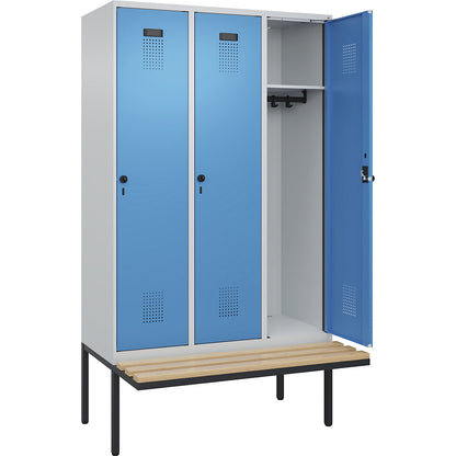Evolo PLUS bench seat locker, 3 compartments, light grey / light blue, W 1200 mm, security rotary bolt, with cantilevered bench seat, beech.