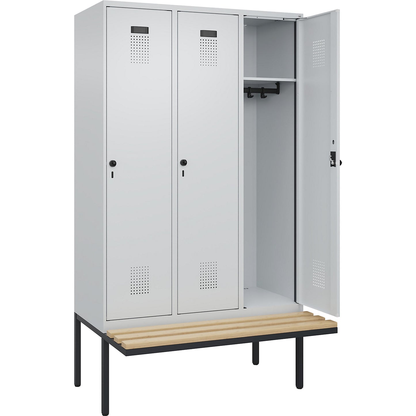 Evolo PLUS bench seat locker, 3 compartments, light grey / light grey, W 1200 mm, security rotary bolt, with cantilevered bench seat, beech.