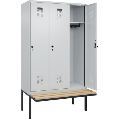 Evolo PLUS bench seat locker, 3 compartments, light grey / light grey, W 1200 mm, security rotary bolt, with cantilevered bench seat, beech.