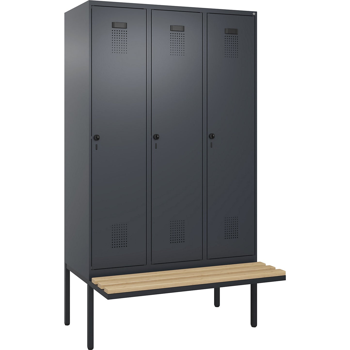 Evolo PLUS bench seat locker, 3 compartments, grey, W 1200 mm, security rotary bolt, with cantilevered bench seat, beech.