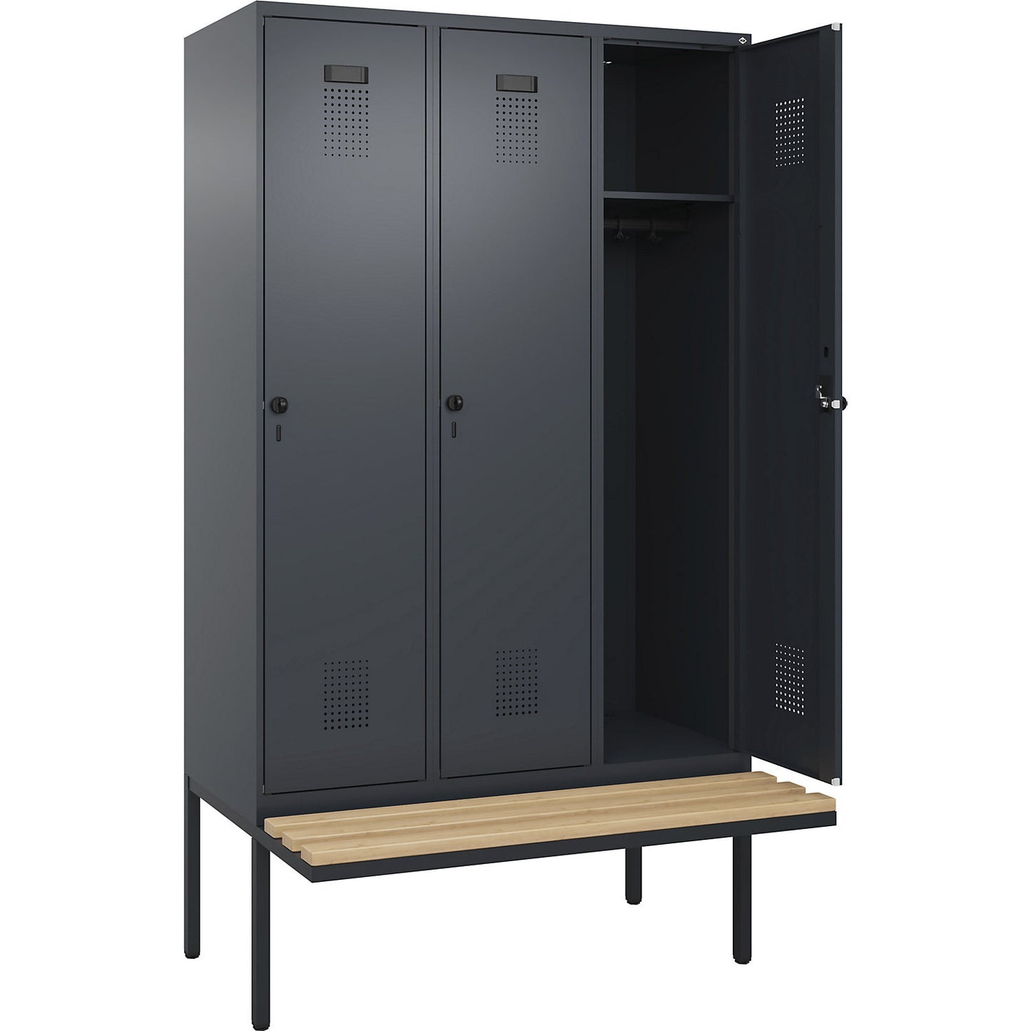 Evolo PLUS bench seat locker, 3 compartments, grey, W 1200 mm, security rotary bolt, with cantilevered bench seat, beech.