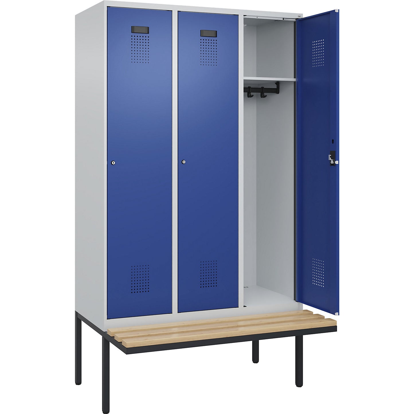 Evolo PLUS bench seat locker, 3 compartments, light grey / gentian blue, W 1200 mm, cylinder lock, with cantilevered bench seat, beech.