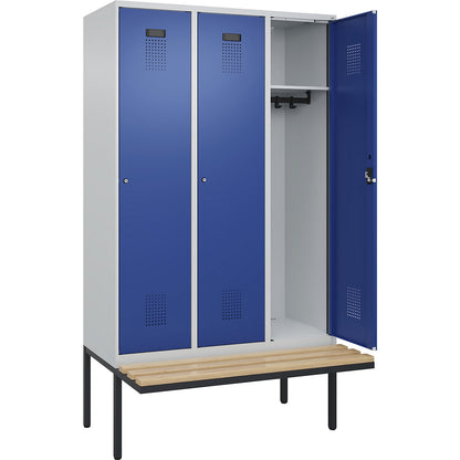 Evolo PLUS bench seat locker, 3 compartments, light grey / gentian blue, W 1200 mm, cylinder lock, with cantilevered bench seat, beech.