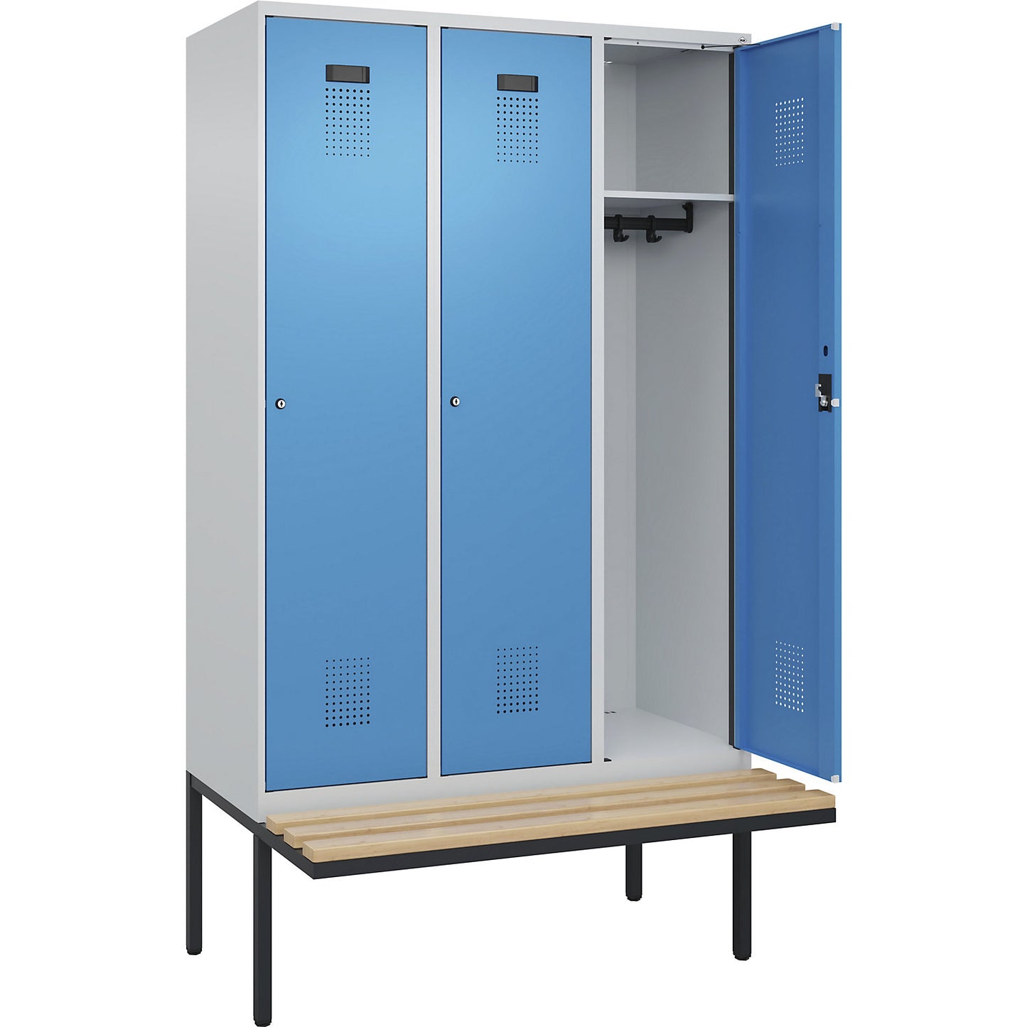 Evolo PLUS bench seat locker, 3 compartments, light grey / light blue, W 1200 mm, cylinder lock, with cantilevered bench seat, beech.
