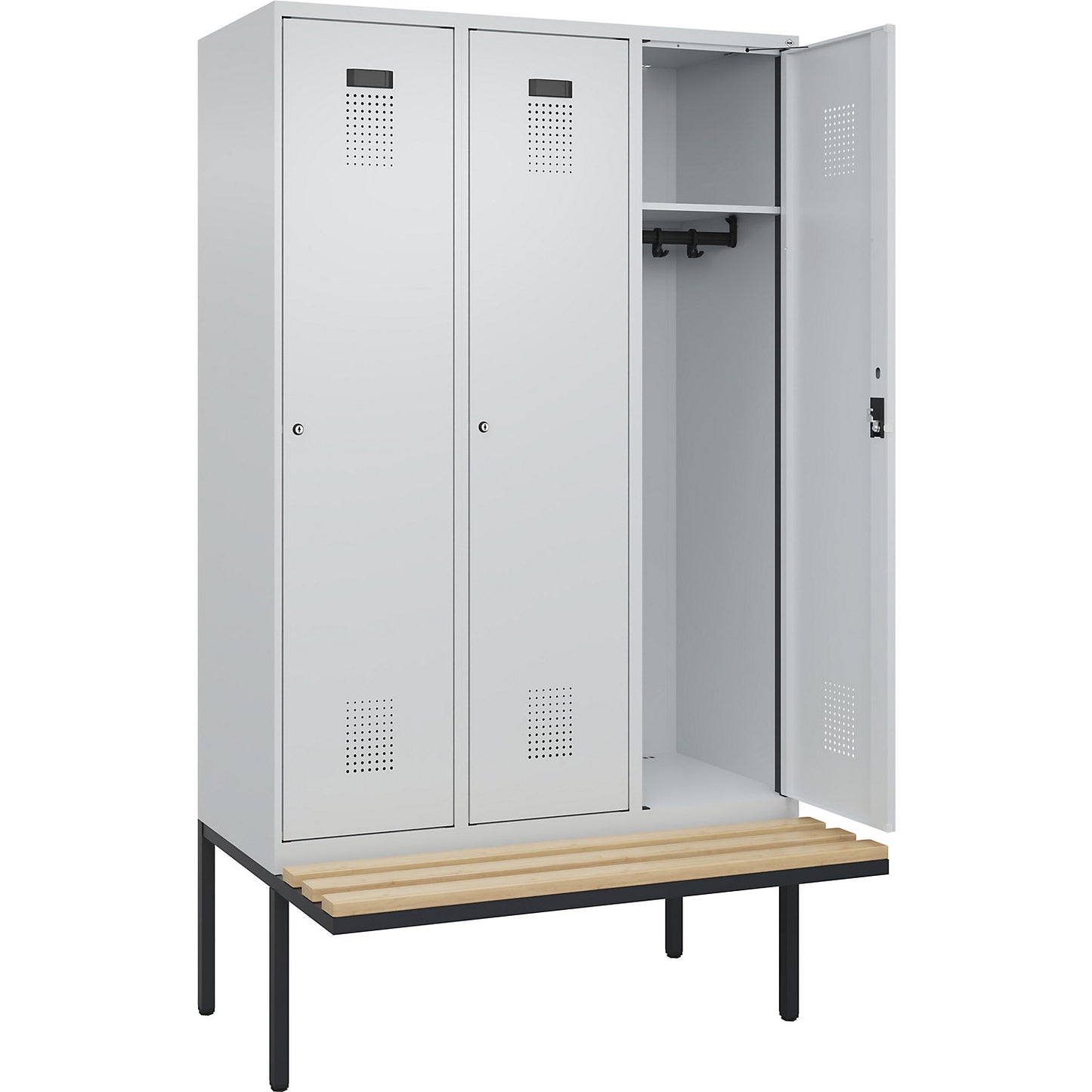 Evolo PLUS bench seat locker, 3 compartments, light grey / light grey, W 1200 mm, cylinder lock, with cantilevered bench seat, beech.