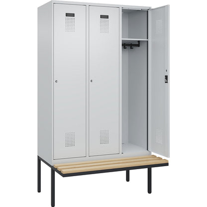 Evolo PLUS bench seat locker, 3 compartments, light grey / light grey, W 1200 mm, cylinder lock, with cantilevered bench seat, beech.
