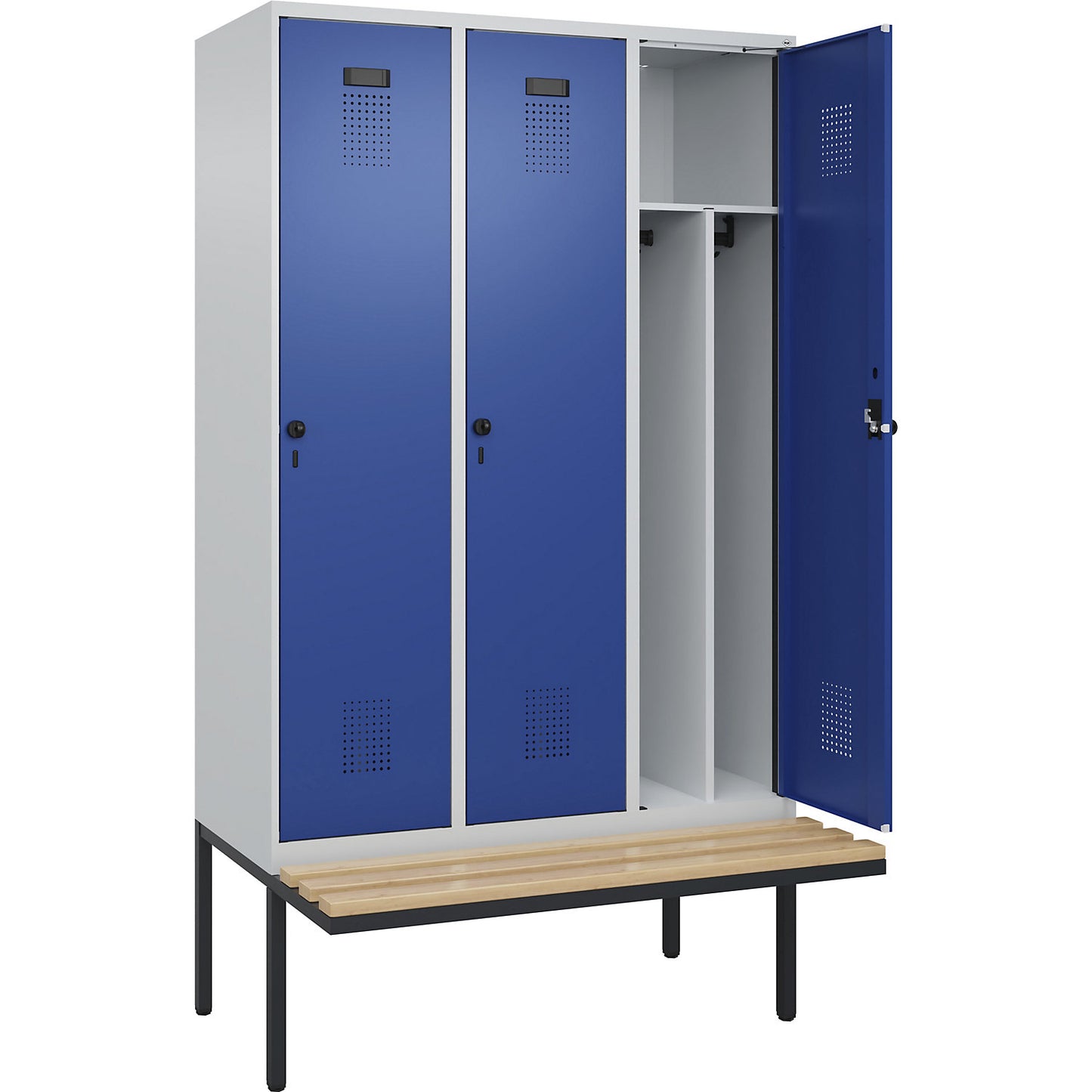 Evolo PLUS clean and dirty bench seat clothes locker, narrow, 3 compartments, shortened centre divider, light grey / gentian blue, W 1200 mm, security rotary bolt, with cantilevered bench seat, beech.
