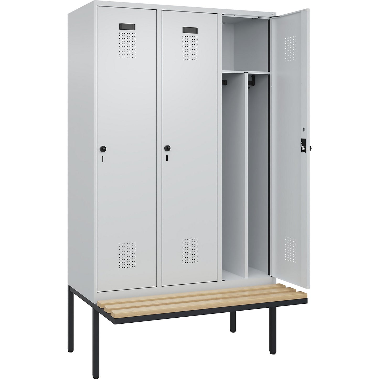 Evolo PLUS clean and dirty bench seat clothes locker, narrow, 3 compartments, shortened centre divider, light grey / light grey, W 1200 mm, security rotary bolt, with cantilevered bench seat, beech.