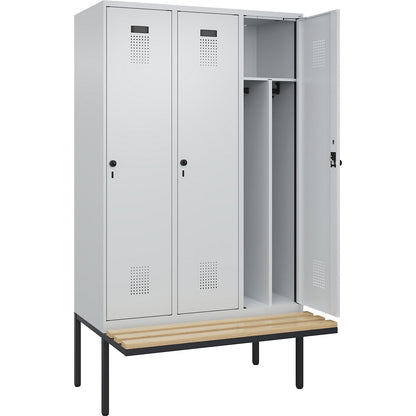 Evolo PLUS clean and dirty bench seat clothes locker, narrow, 3 compartments, shortened centre divider, light grey / light grey, W 1200 mm, security rotary bolt, with cantilevered bench seat, beech.