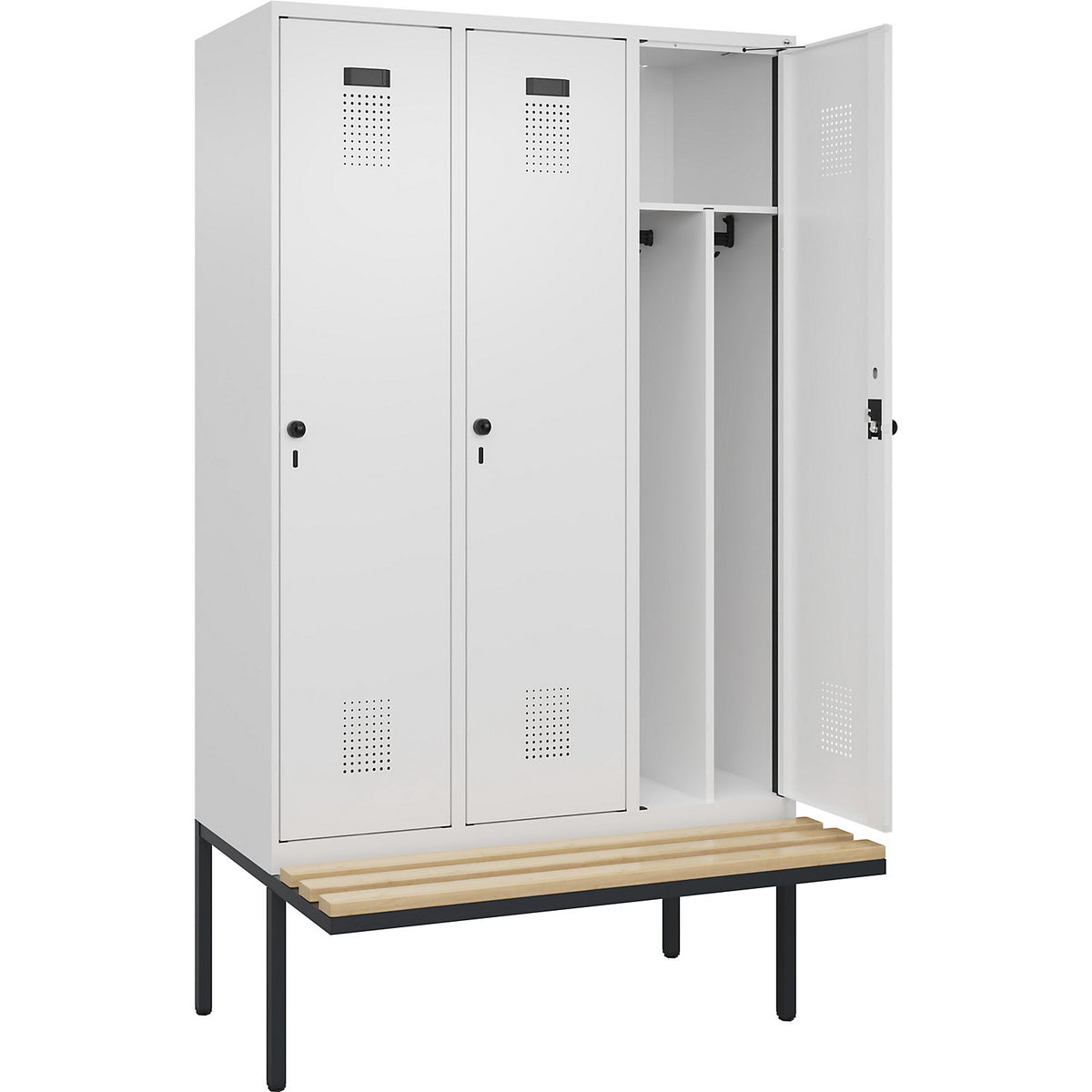 Evolo PLUS clean and dirty bench seat clothes locker, narrow, 3 compartments, shortened centre divider, white, W 1200 mm, security rotary bolt, with cantilevered bench seat, beech.