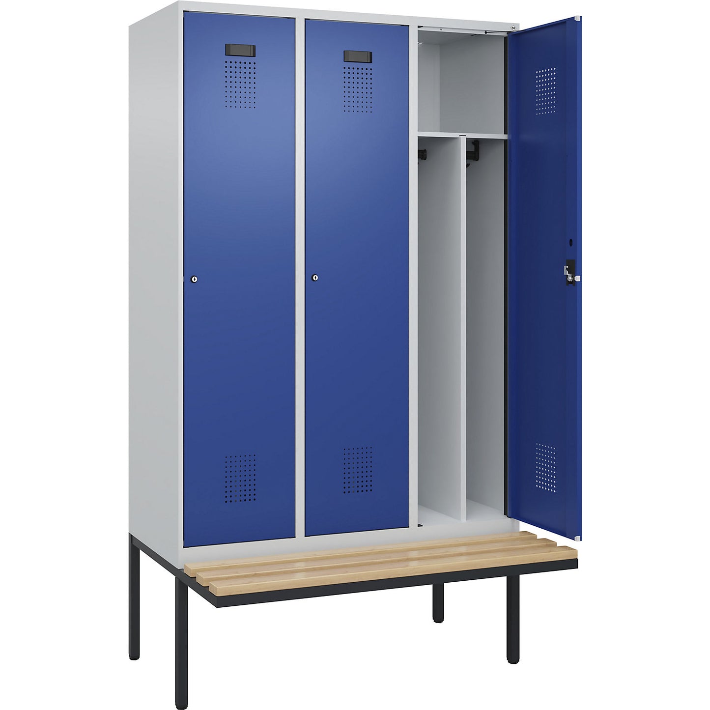 Evolo PLUS clean and dirty bench seat clothes locker, narrow, 3 compartments, shortened centre divider, light grey / gentian blue, W 1200 mm, cylinder lock, with cantilevered bench seat, beech.
