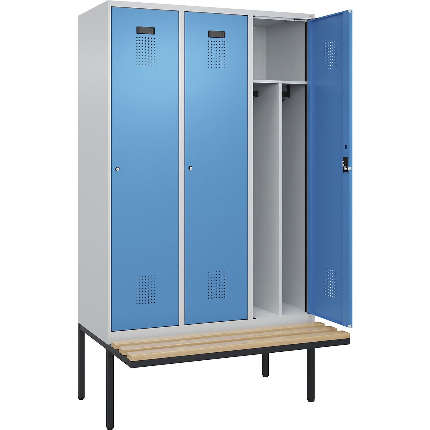 Evolo PLUS clean and dirty bench seat clothes locker, narrow, 3 compartments, shortened centre divider, light grey / light blue, W 1200 mm, cylinder lock, with cantilevered bench seat, beech.