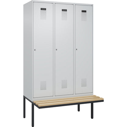 Evolo PLUS clean and dirty bench seat clothes locker, narrow, 3 compartments, shortened centre divider, light grey / light grey, W 1200 mm, cylinder lock, with cantilevered bench seat, beech.