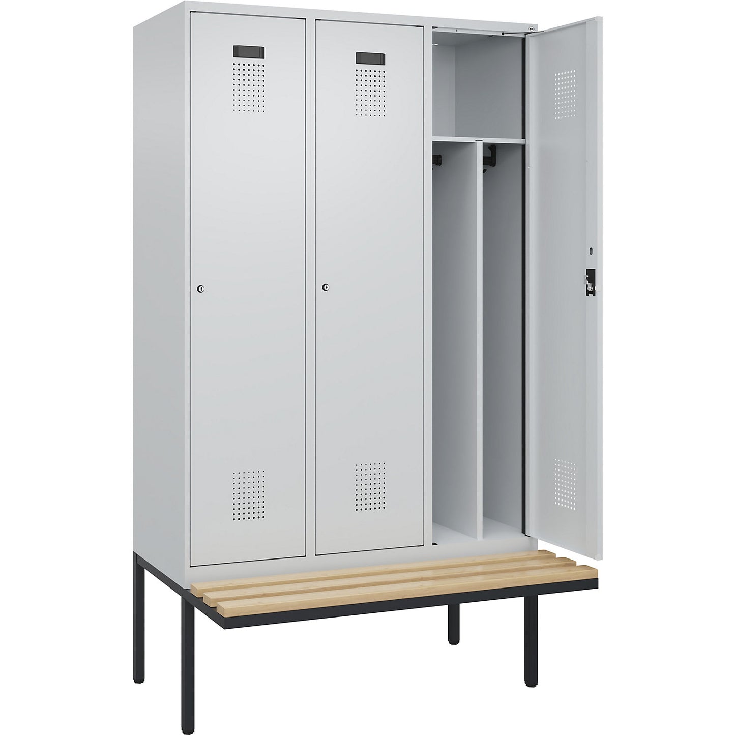 Evolo PLUS clean and dirty bench seat clothes locker, narrow, 3 compartments, shortened centre divider, light grey / light grey, W 1200 mm, cylinder lock, with cantilevered bench seat, beech.