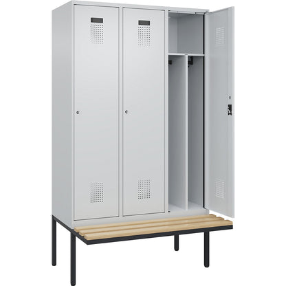 Evolo PLUS clean and dirty bench seat clothes locker, narrow, 3 compartments, shortened centre divider, light grey / light grey, W 1200 mm, cylinder lock, with cantilevered bench seat, beech.