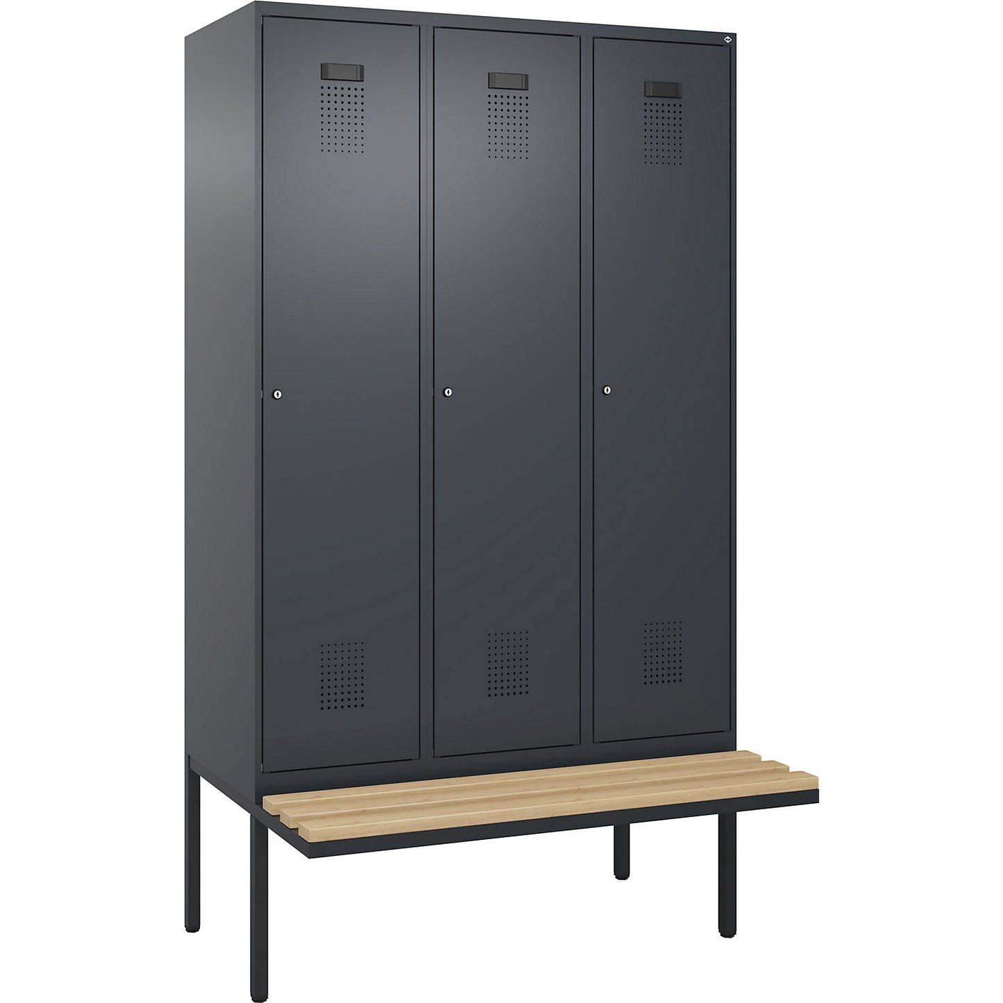 Evolo PLUS clean and dirty bench seat clothes locker, narrow, 3 compartments, shortened centre divider, grey, W 1200 mm, cylinder lock, with cantilevered bench seat, beech.