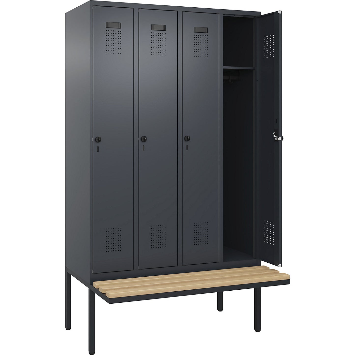 Evolo PLUS bench seat locker, 4 compartments, grey, W 1200 mm, security rotary bolt, with cantilevered bench seat, beech.