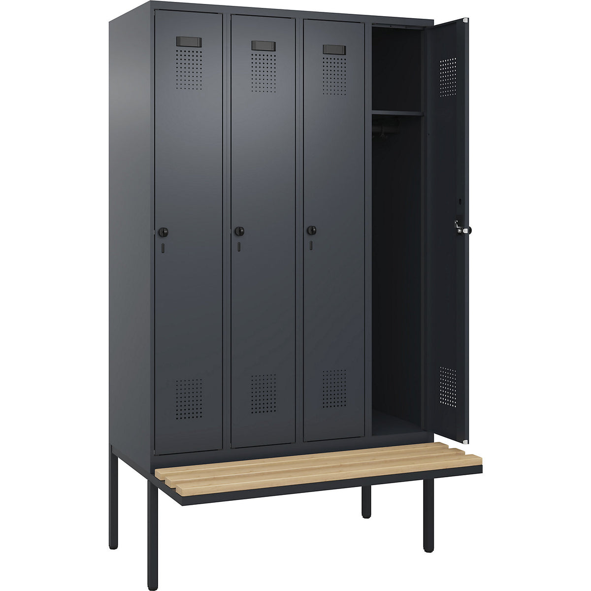 Evolo PLUS bench seat locker, 4 compartments, grey, W 1200 mm, security rotary bolt, with cantilevered bench seat, beech.