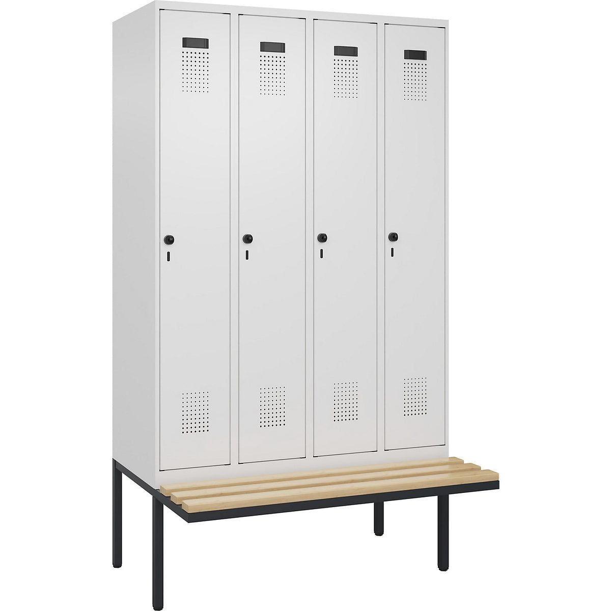 Evolo PLUS bench seat locker, 4 compartments, white, W 1200 mm, security rotary bolt, with cantilevered bench seat, beech.