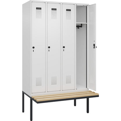 Evolo PLUS bench seat locker, 4 compartments, white, W 1200 mm, security rotary bolt, with cantilevered bench seat, beech.