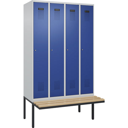 Evolo PLUS bench seat locker, 4 compartments, light grey / gentian blue, W 1200 mm, cylinder lock, with cantilevered bench seat, beech.