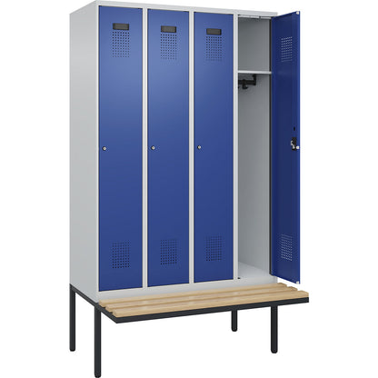 Evolo PLUS bench seat locker, 4 compartments, light grey / gentian blue, W 1200 mm, cylinder lock, with cantilevered bench seat, beech.