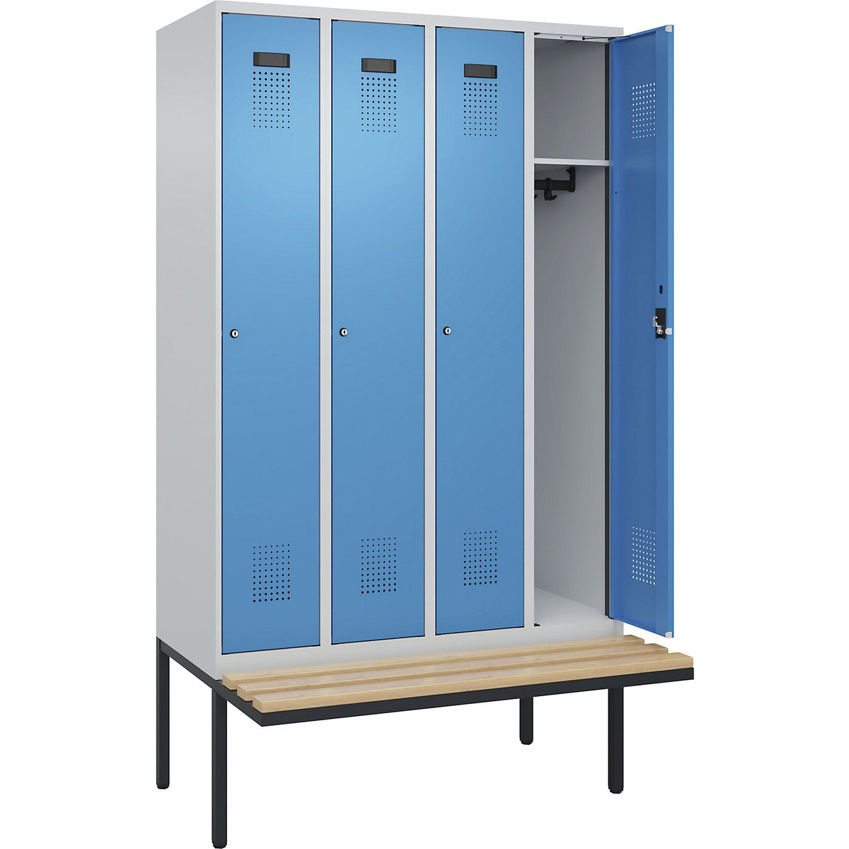 Evolo PLUS bench seat locker, 4 compartments, light grey / light blue, W 1200 mm, cylinder lock, with cantilevered bench seat, beech.