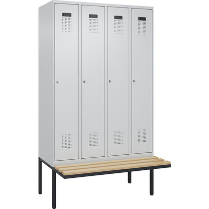 Evolo PLUS bench seat locker, 4 compartments, light grey / light grey, W 1200 mm, cylinder lock, with cantilevered bench seat, beech.