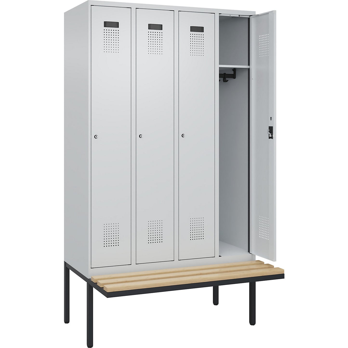 Evolo PLUS bench seat locker, 4 compartments, light grey / light grey, W 1200 mm, cylinder lock, with cantilevered bench seat, beech.